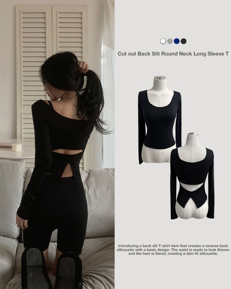 GUSTA（グスタ）の「Cutout Back Slit Round Neck Long Sleeve Tee (4 Colors)（Tops）」