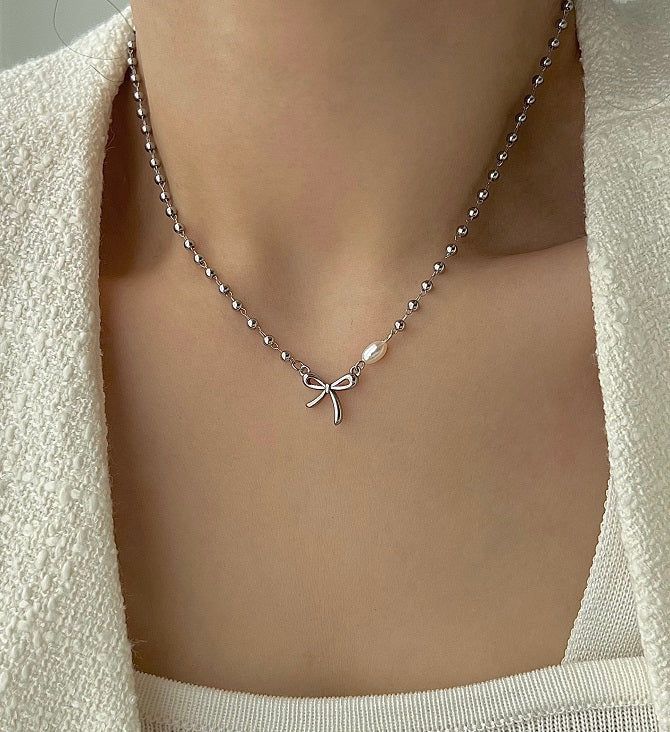 ari Ballet Core Ribbon Serious Steel Freshwater Pearl Short Choker Ball Layered Necklace (choose from 2)