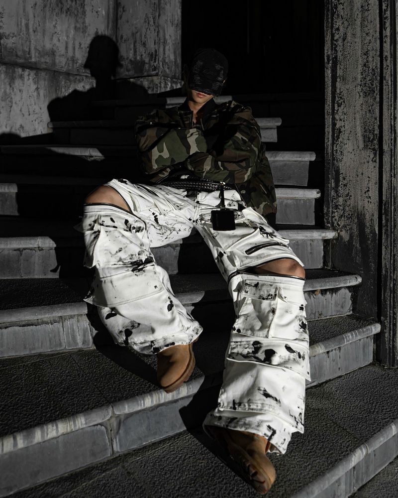 WASH-DENIM CARGO PANTS MULTI POCKET (White)