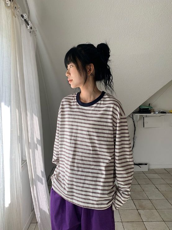 BAON（バオン）の「[unisex] ケイデンス オーバーフィット ストライプ カラーマッチング ロングスリーブ Tシャツ（トップス）」