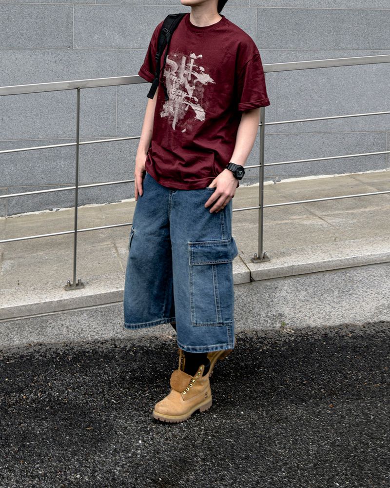 Kazen Washed Cargo Bermuda Denim Pants