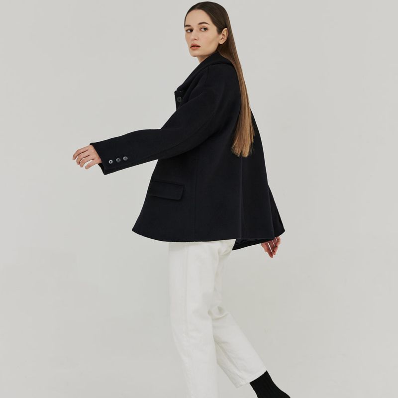 HERRINGBONE HIGH-NECK HALF COAT (NAVY)
