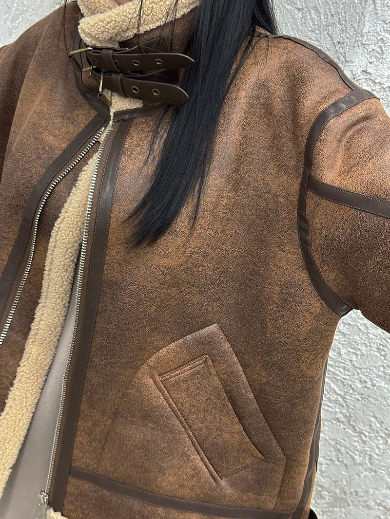 Oversized Fit Leather Wool High-Neck Mustang