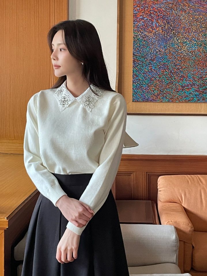 iam mari（アイアム マリ）の「Nemyu Pearl Cubic Lace Collar Knit（Tops）」