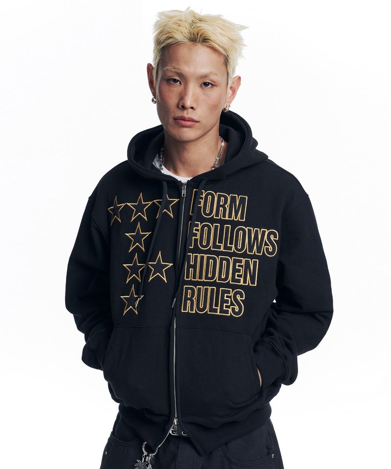 Star Lettering Patch Hoodie Zip-Up - Black