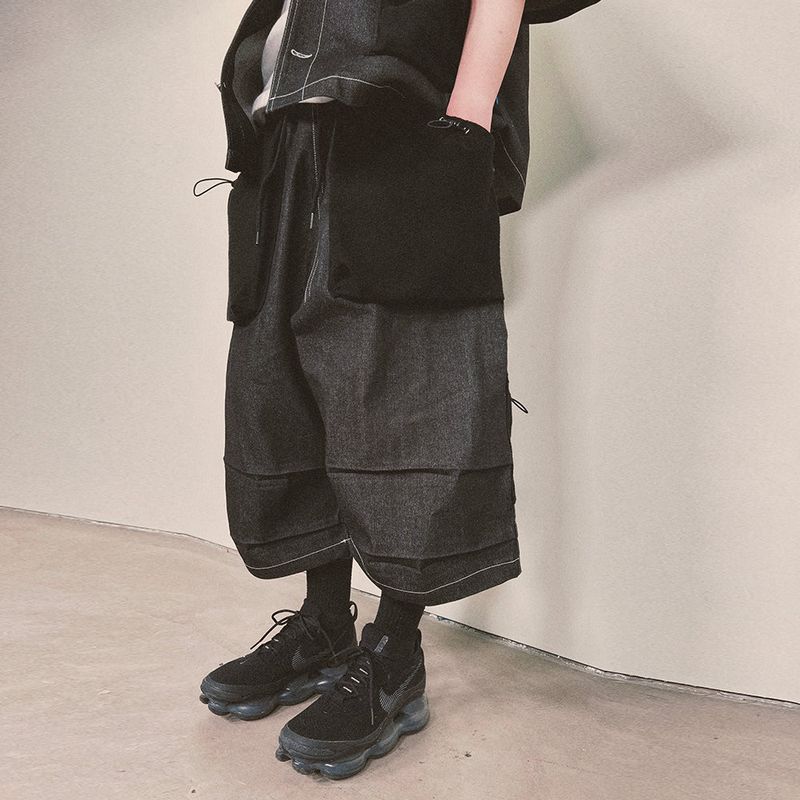 reverse terry pocket denim capri shorts_black