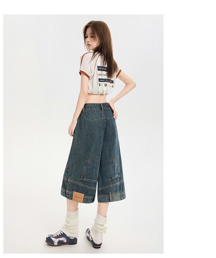 Reversed Detail Wide Denim Bermuda Pants