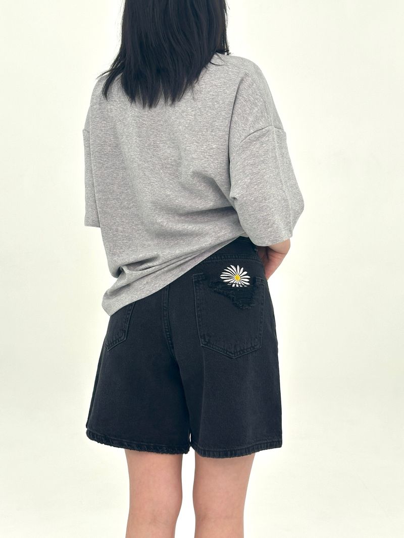  3RD REORDER HIP POCKET EMBROIDERY BLACK DENIM SHORTS LONG VERSION code 25106