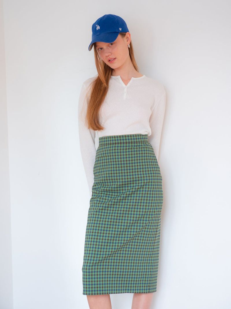 vem.ver（ベムバー）の「CHECK MIDI SKIRT_GREEN（Skirts）」