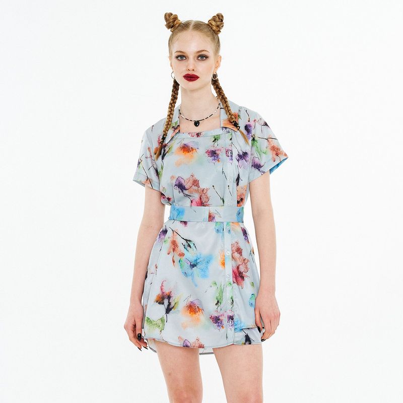 Square Neckline One-piece [Watercolor Flower]
