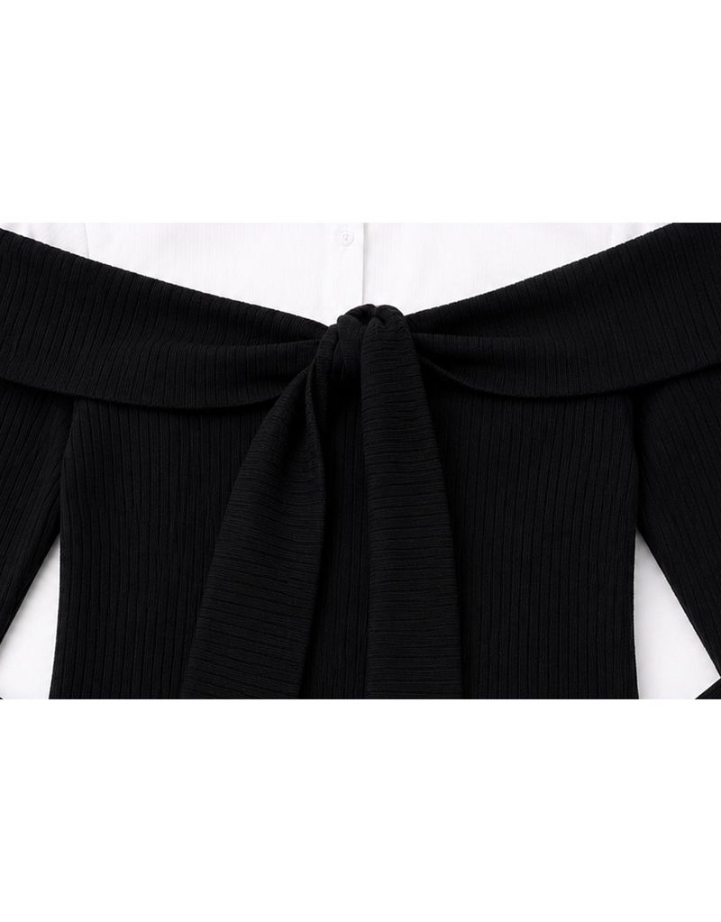 Elly Off-Shoulder Tie Ribbed Long-Sleeve Mini Knit Dress Black