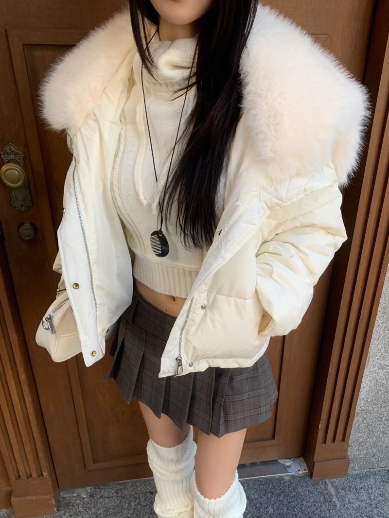 Ice Bloom Fur-Collar Duck Down Short Puffer