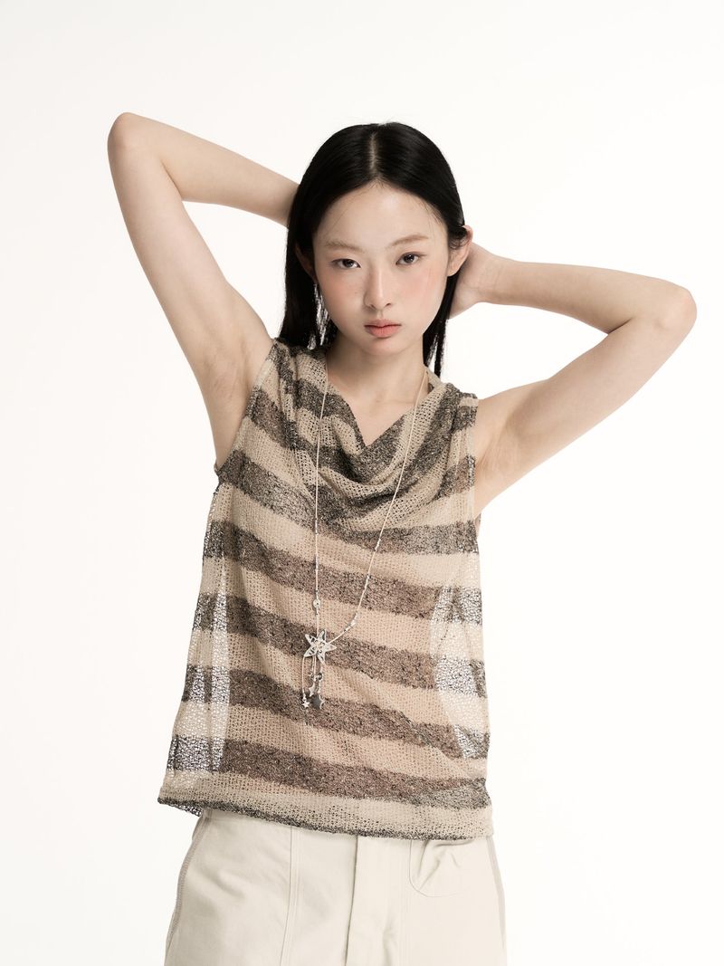 CONFUN Striped Hollowed Collar Loose Backless T-Shirt