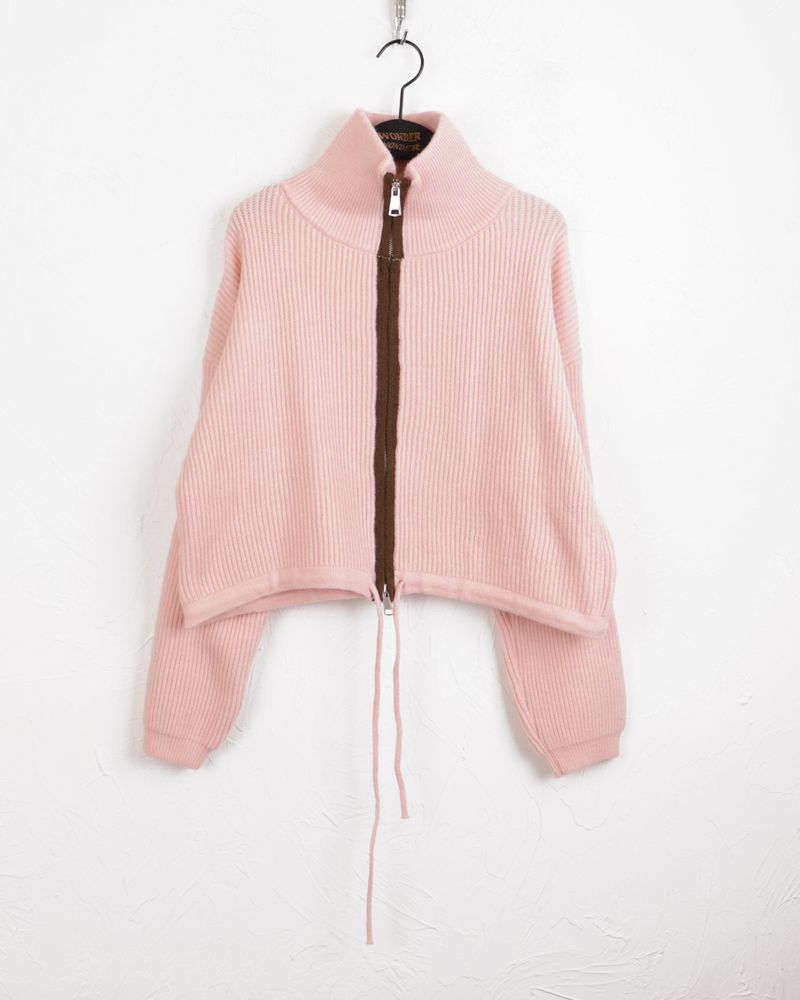 LB wool color combination ribbed string knit zip-up