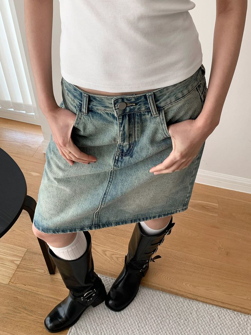 multi-wash midi denim skirt