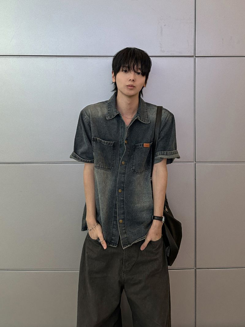 Snap Washed Label Denim Shirt