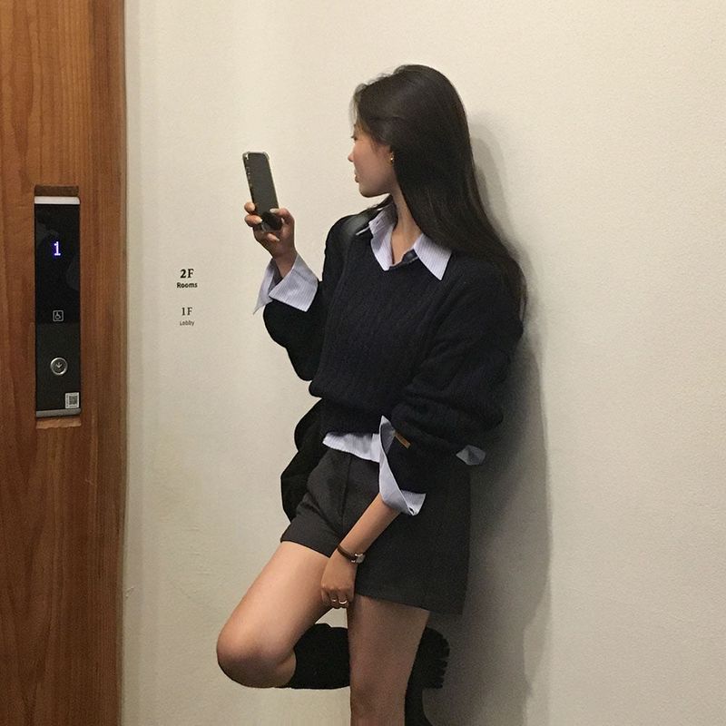 [BELLIDE MADE] Ed loose fit stripe cropped shirt