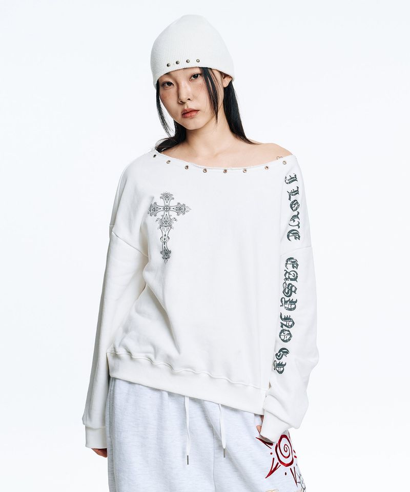 Gothic One-Shoulder Sweatshirt - White