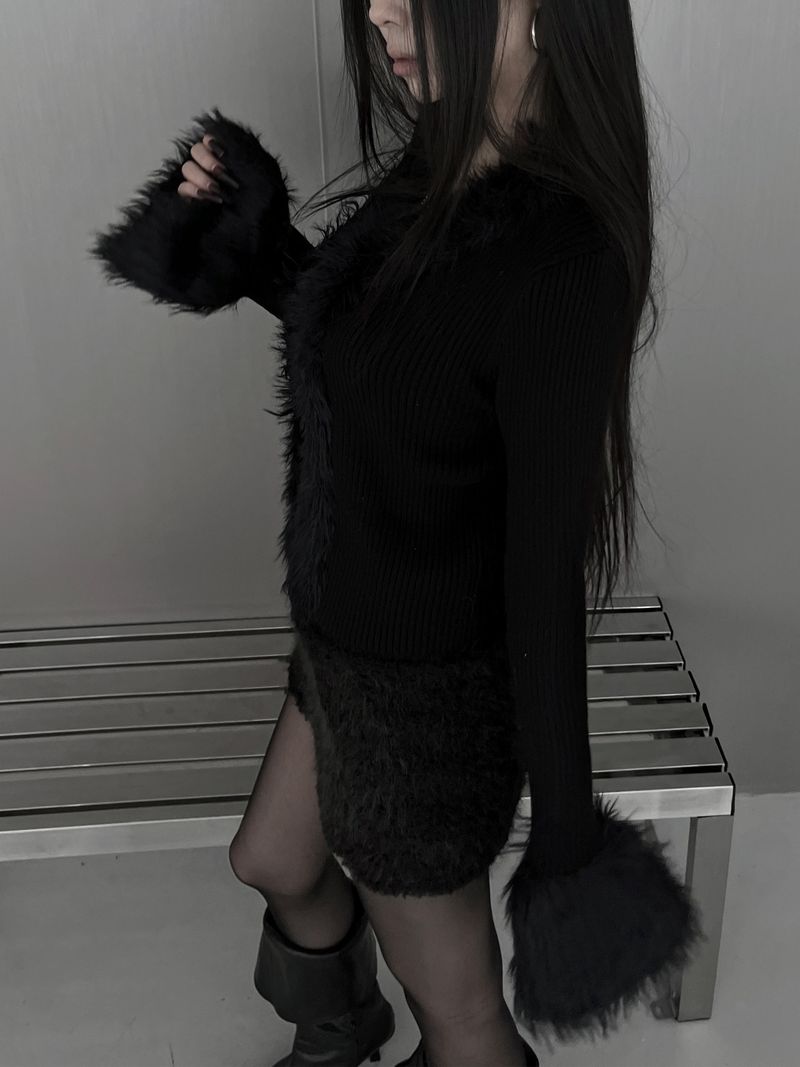 silm ribbed fur strap cardigan (2color)
