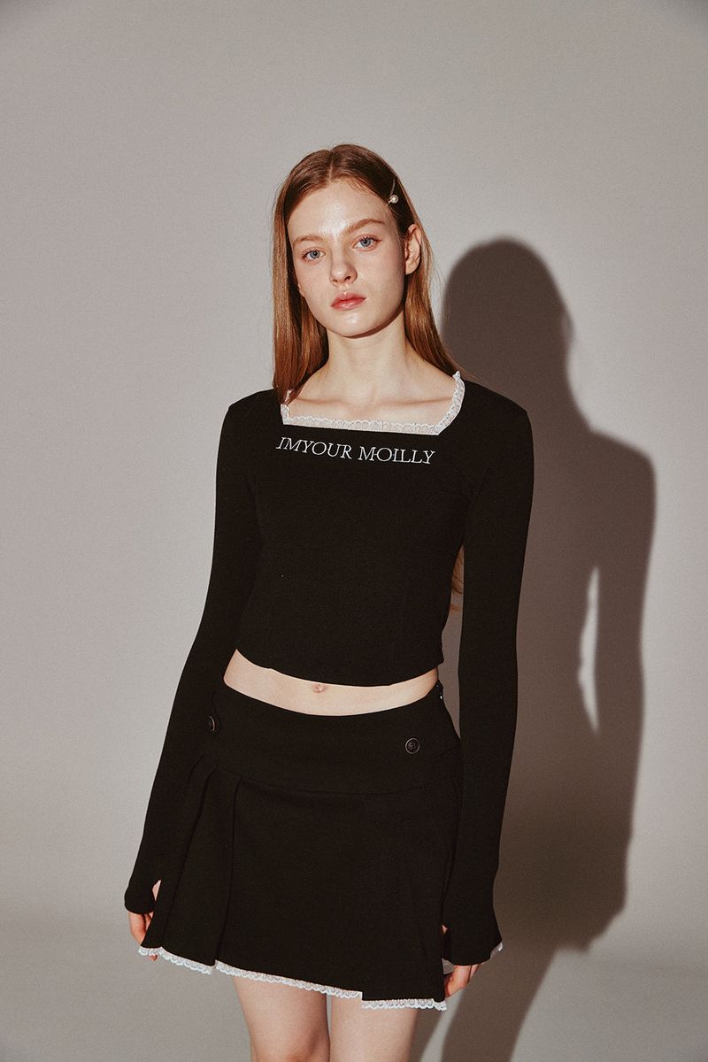 Square Neck Lace Long Sleeve Black