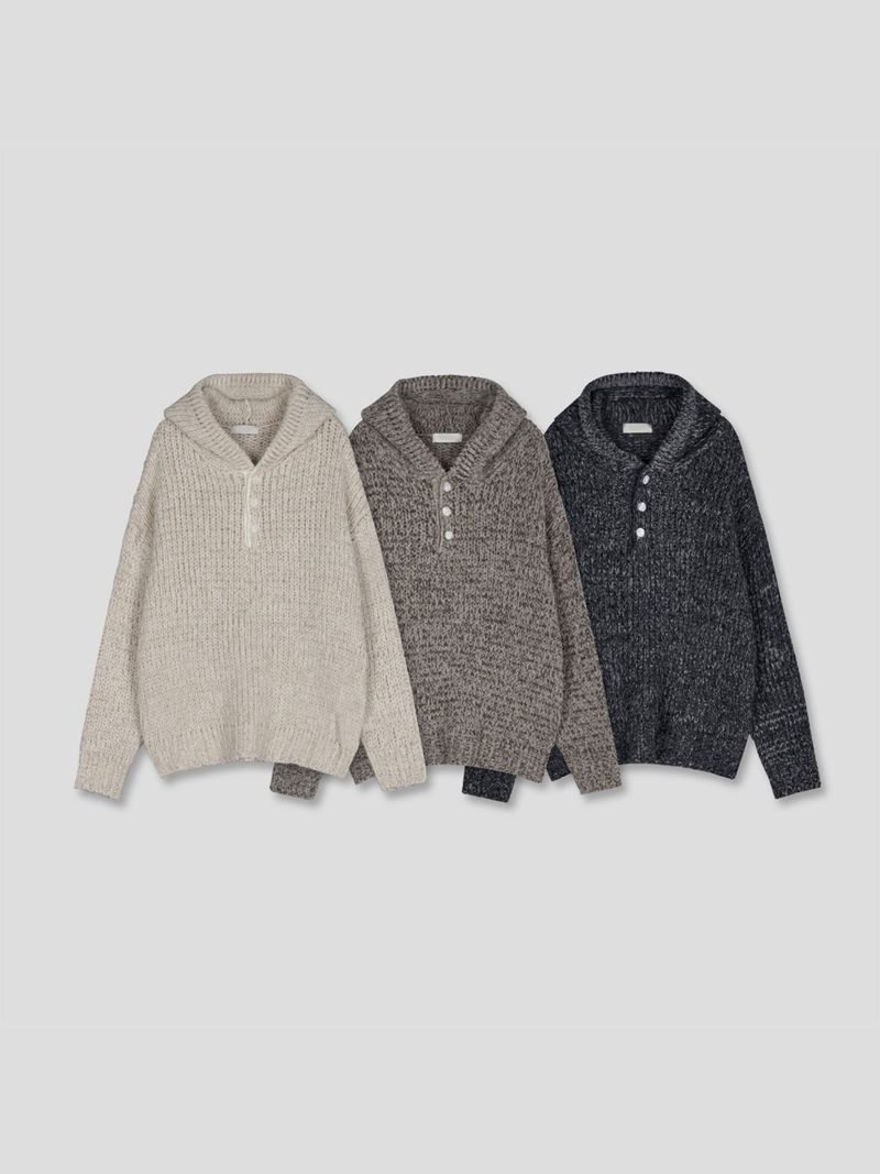 Bow henley neck hood knit