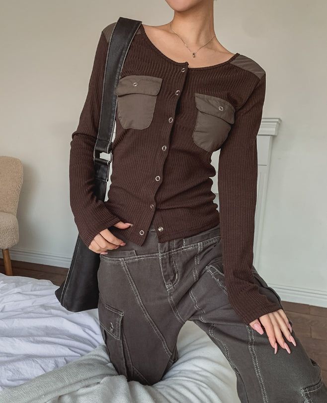 Luchi color matching pocket ribbed cardigan