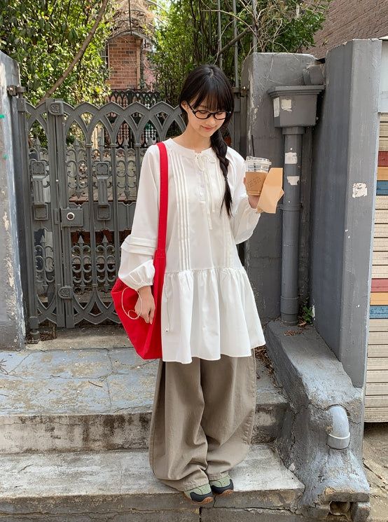 Rohigh Pintuck Shirring Layered Blouse One Piece