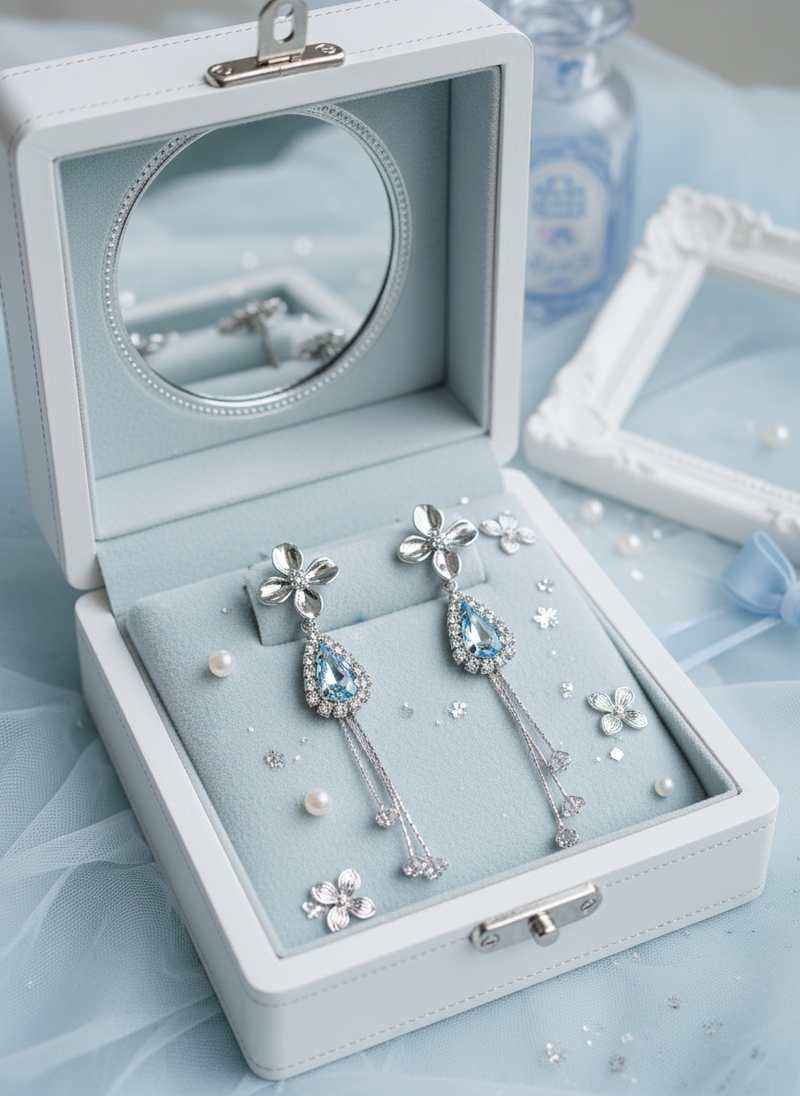 Silver Flower and Teardrops Piercing - Light Sapphire