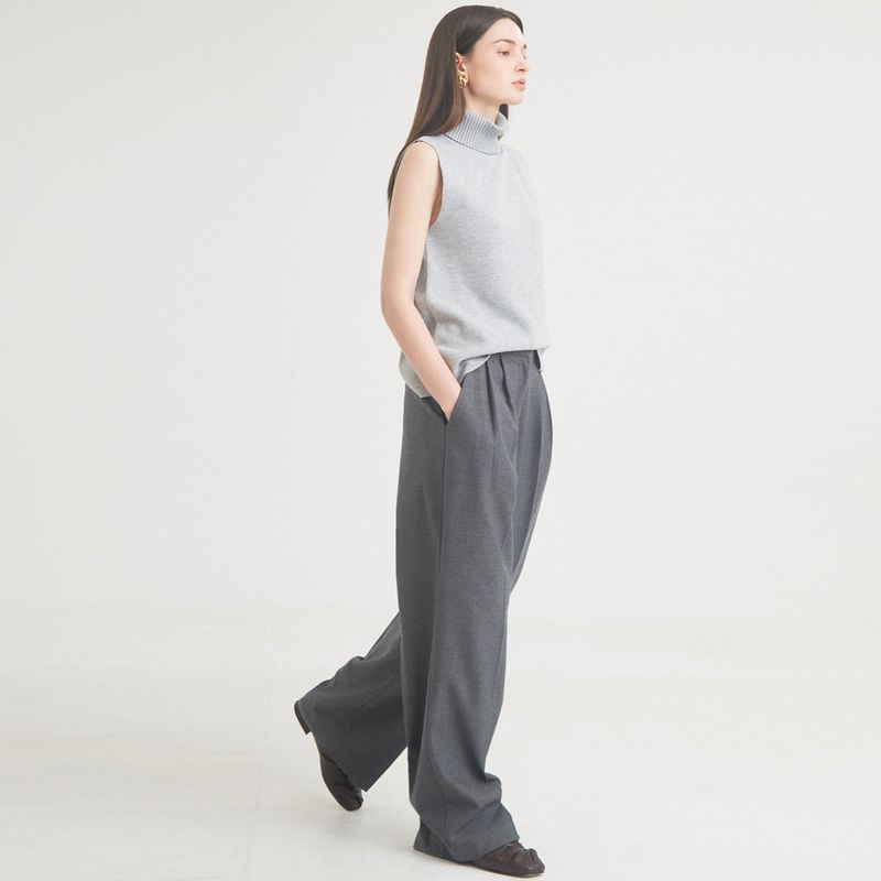 Two-Tuck Button Wide Wool Pants (Charcoal)