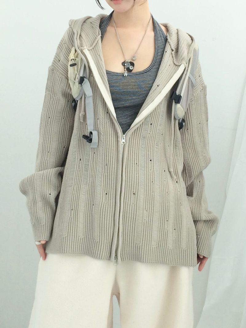 Punch Damage Hooded Knitwear Zip-Up