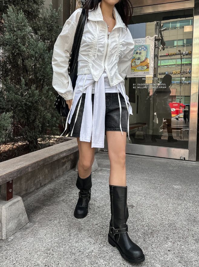 Sunlit strap shirring nylon zip-up jacket