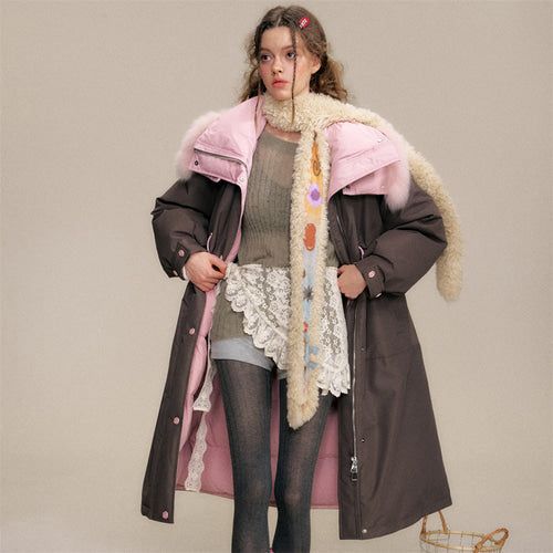 Two-tone Fox Fur Collar Oversized Down Coat