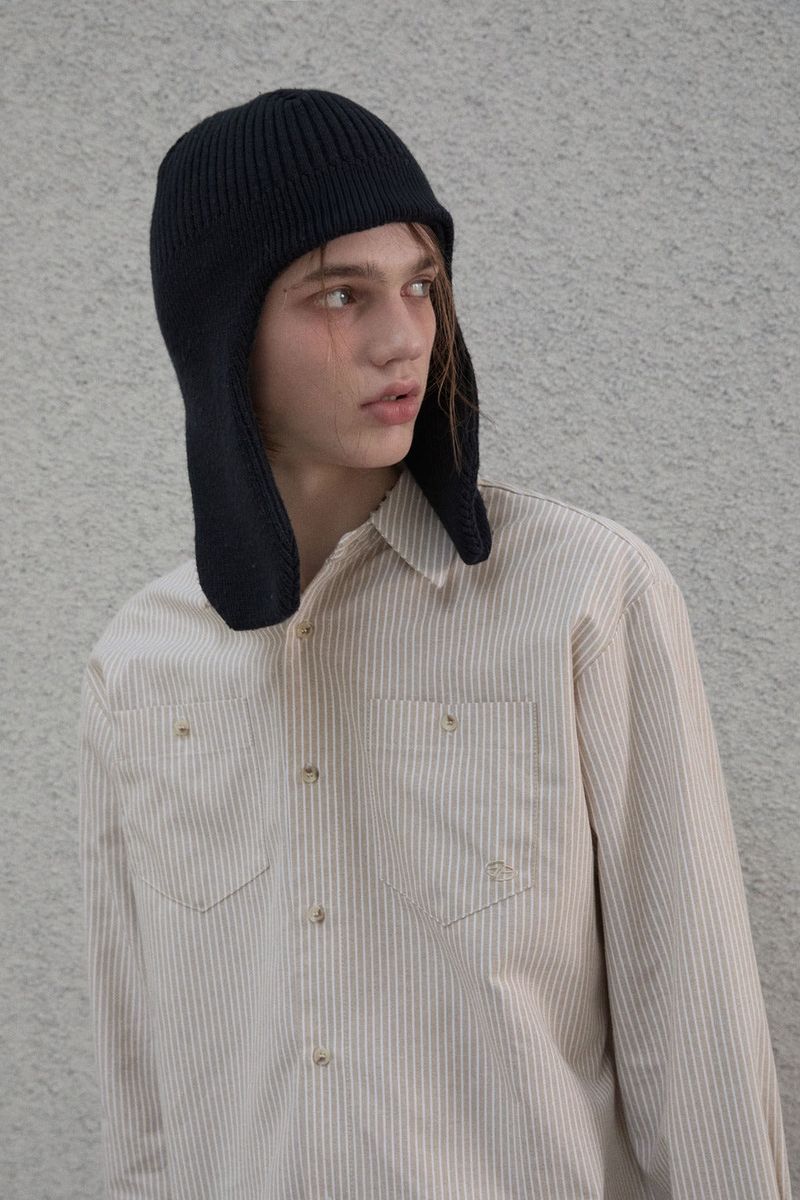 Lettering sleeve striped shirt - Beige