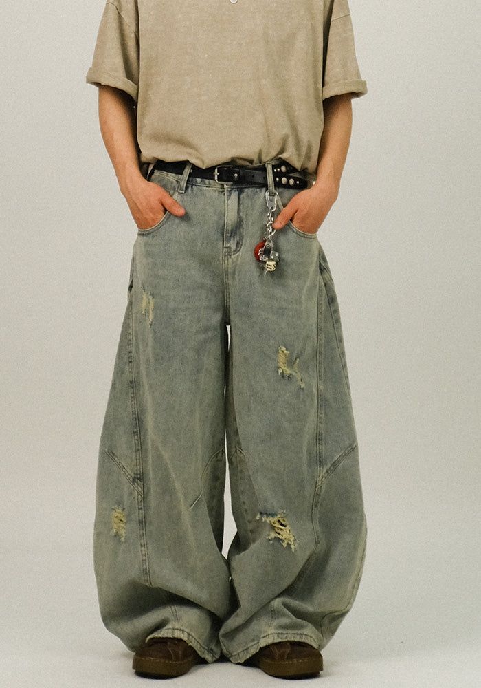 SEMIKAJI（セミカジ）の「EE カーブド ダメージ デニムパンツ（パンツ）」