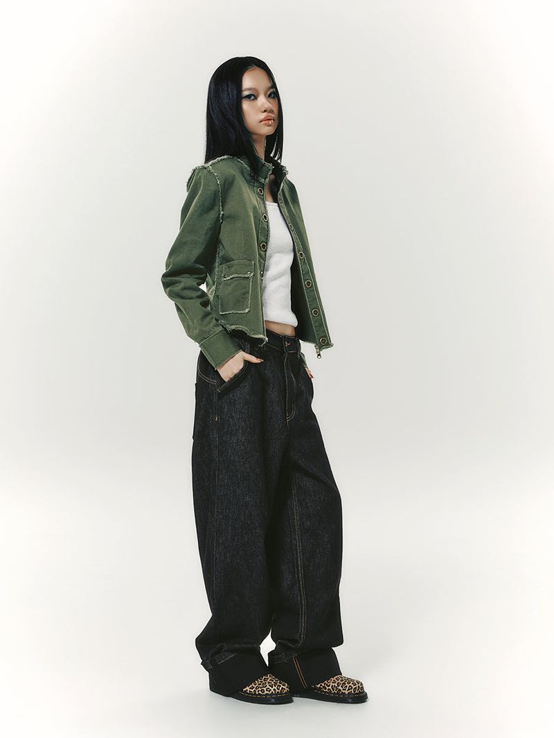 LACE ROLL UP DENIM PANTS BLACK