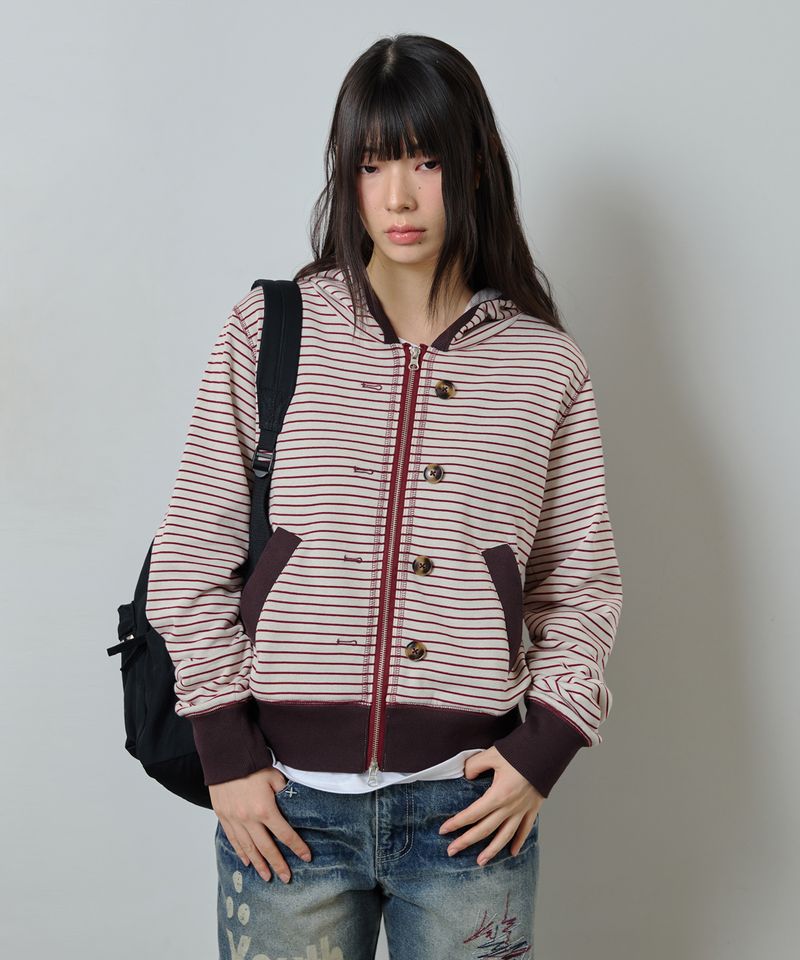ODDSTUDIO（オッドスタジオ）の「Button Point Stripe Hoodie Zip-up - RED（Tops）」