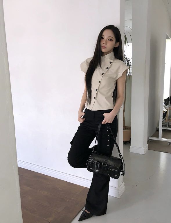 Newji Diagonal Button High-Neck Blouse Shirt