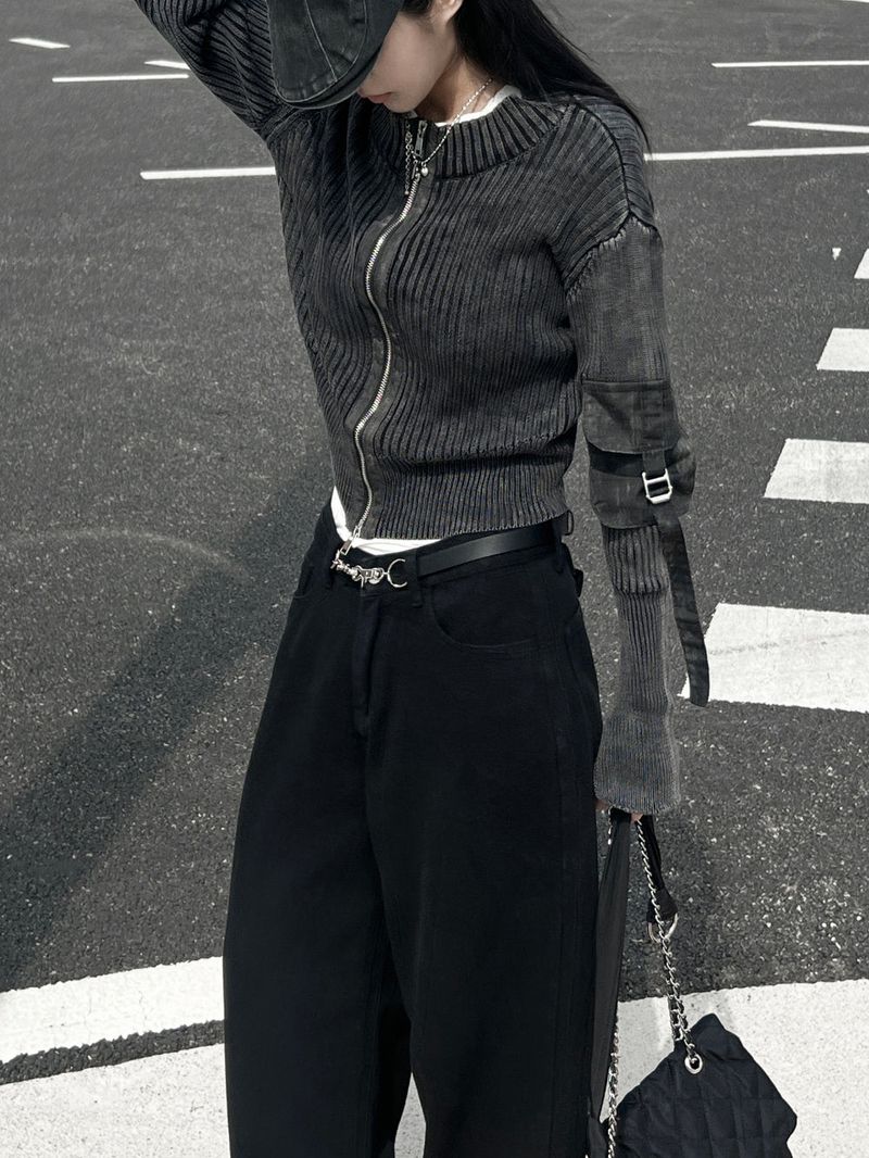 Y2K Back Point X Strap Bijo Wide Loose Fit Denim Long Pants (Black)