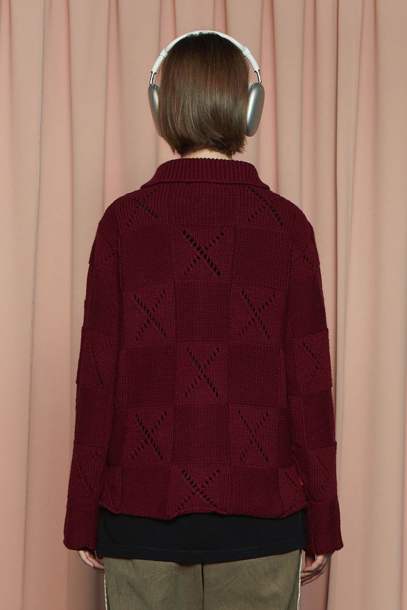 BUTTON ARGYLE KNIT JACKET / WINE