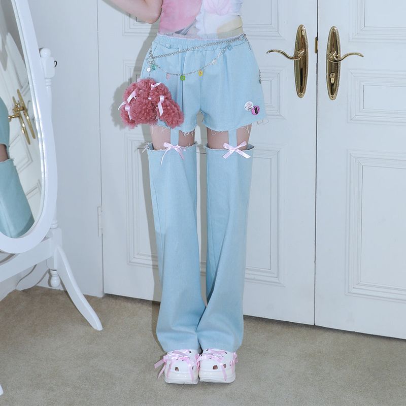 1 1 denim cut out pants - LIGHT BLUE