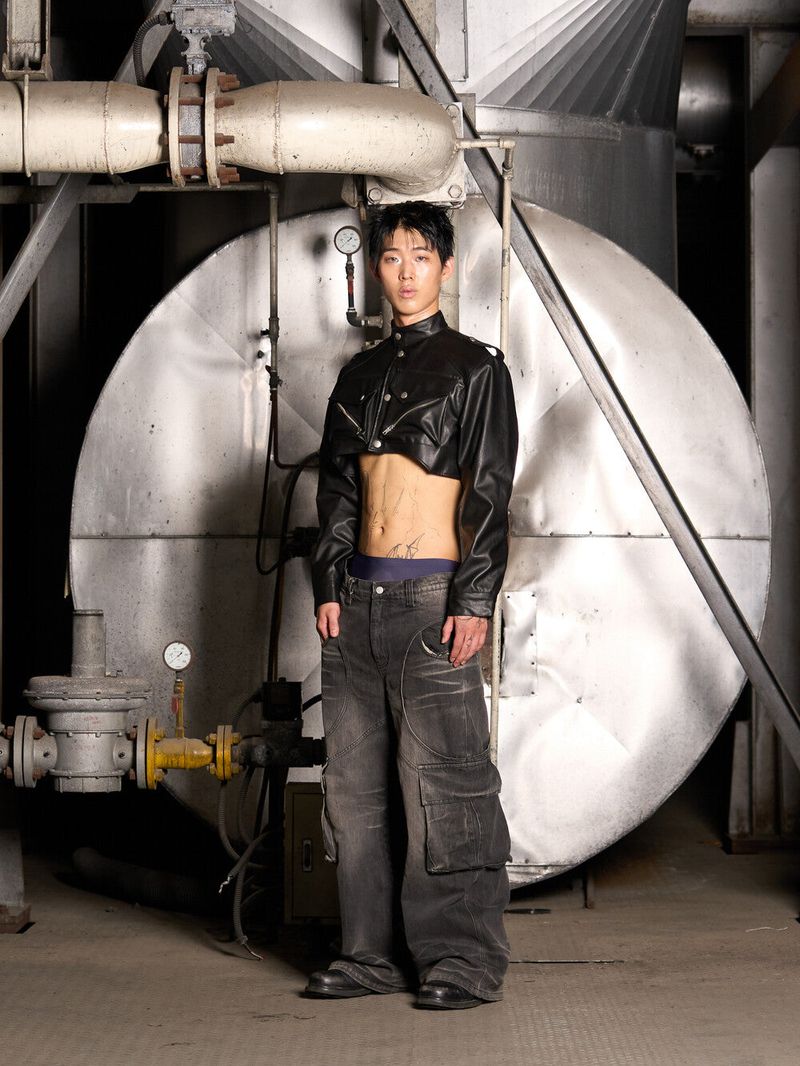 Circle Washing Denim Cargo Pants (Black)