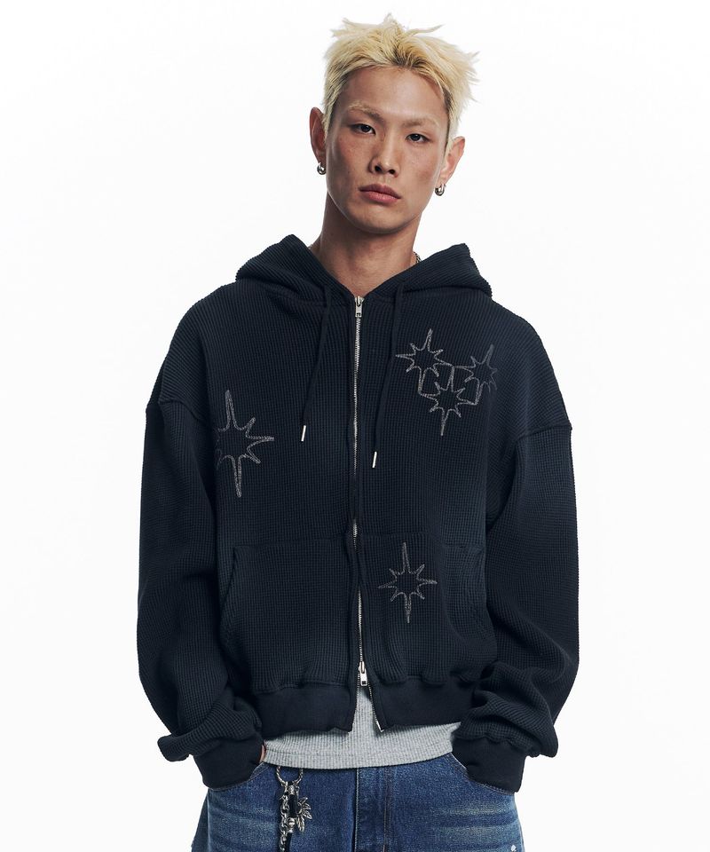 Washed Star Waffle Hooded Zip-Up - Black
