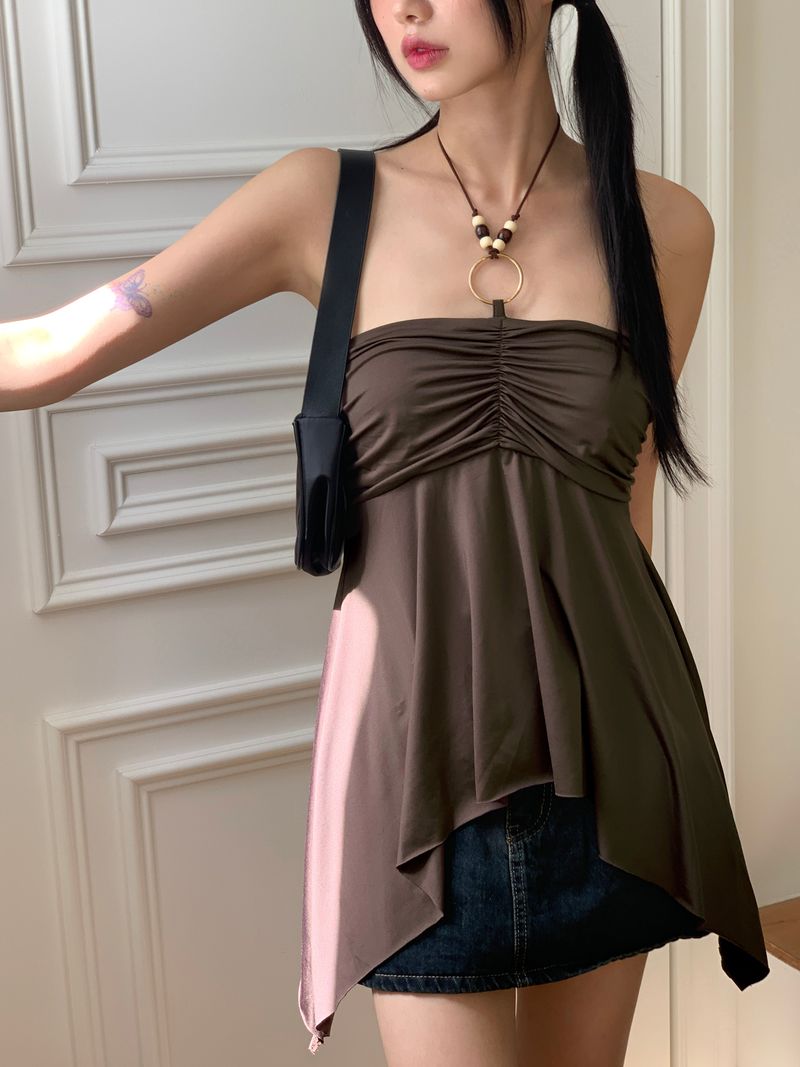 WONDER WONDER（ワンダーワンダー）の「Roffin brown halter beaded shirring unbalanced tube top（Tops）」