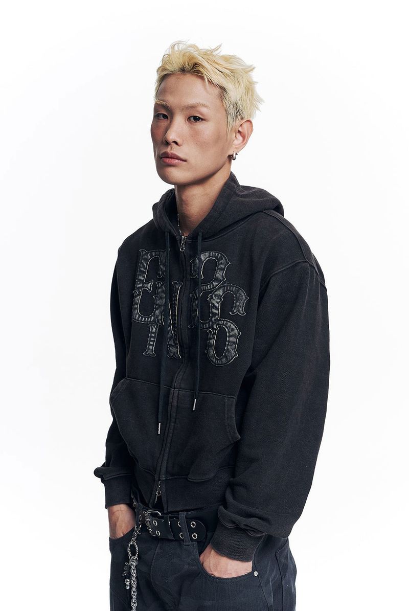 Washed Leather Patch Hooded Zip-Up - Black