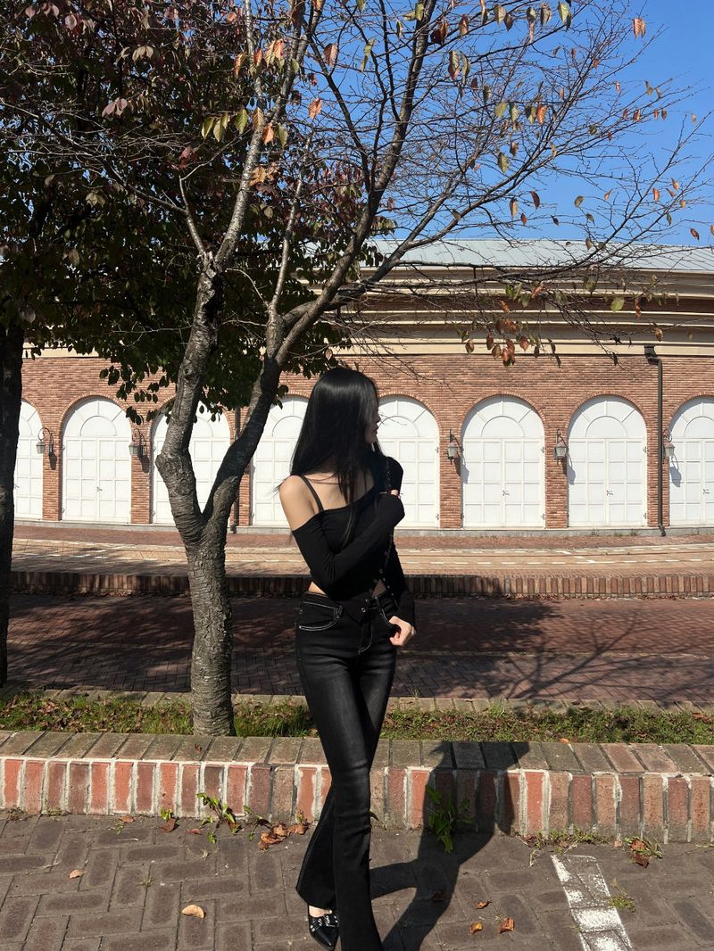 Color combination stitch gradient washed high waist spandex bootcut pants (Black)