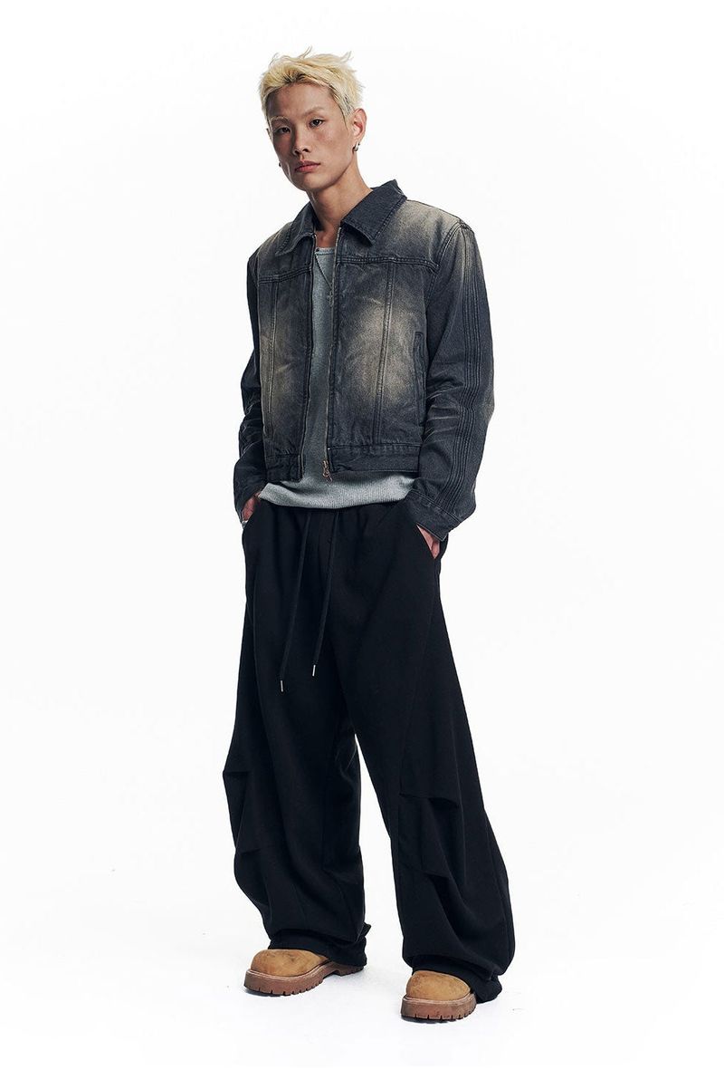 Washed Crop Track Denim Jacket - Black