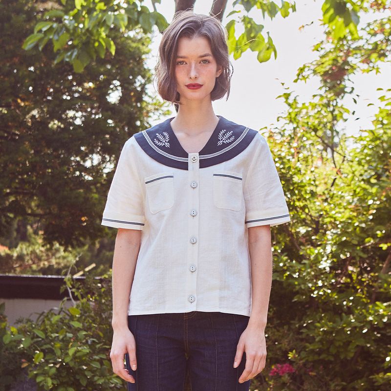 Pocket Sailor Embroidered Blouse (NAVY)