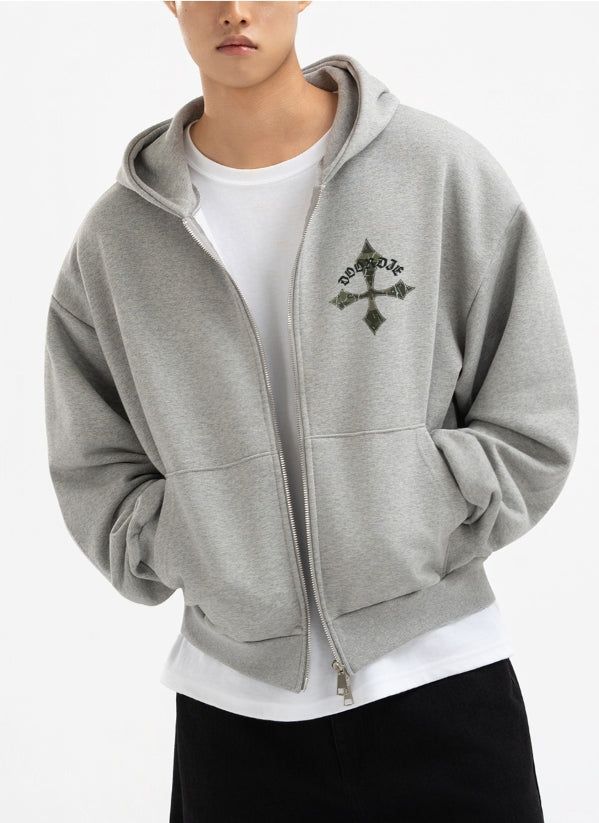 UNDEROFF（アンダーオフ）の「2-way Crop Fit Camo Print Hooded Zip-up Jumper Gray（Tops）」