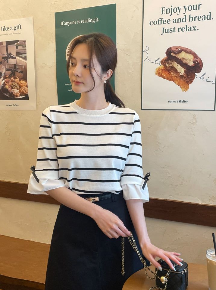 iam mari（アイアム マリ）の「Ilon Layered Ribbon Stripe Three Quarter Knit（Tops）」