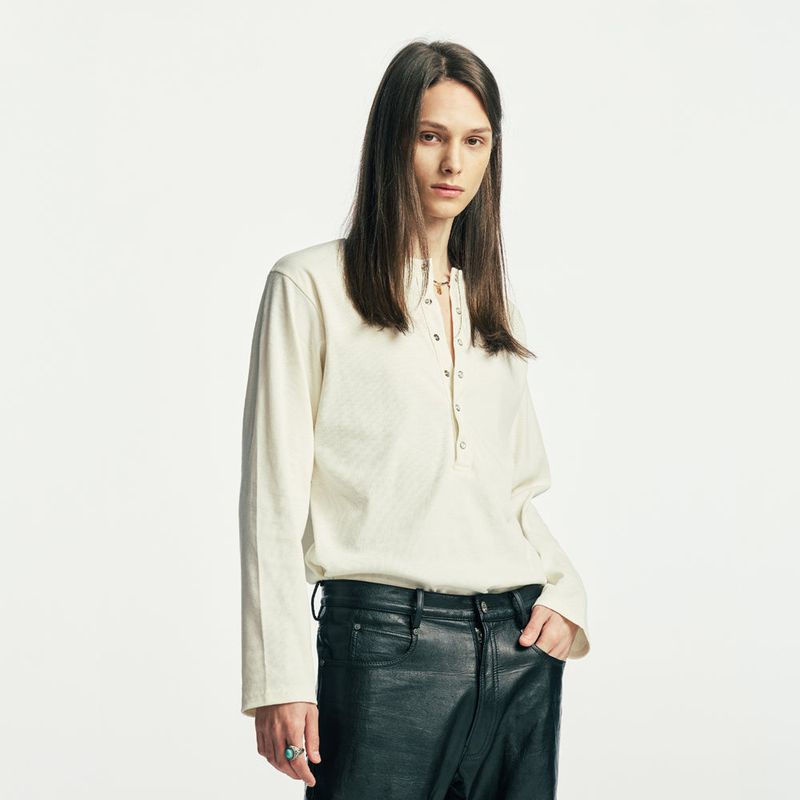 below button-down henry neck long sleeve ivory